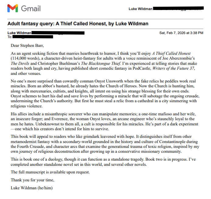 a successful query letter to a literary agent